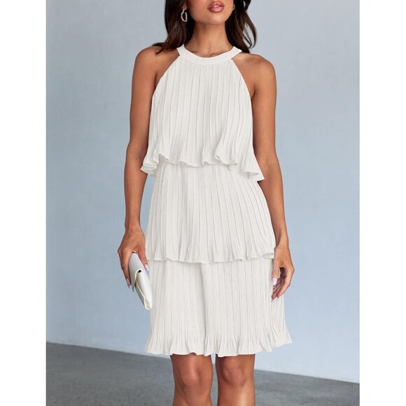 Women's Summer Halter Dress Sleeveless Ruffle Tiered Layered Chiffon Mini Dress - Picture 8 of 8